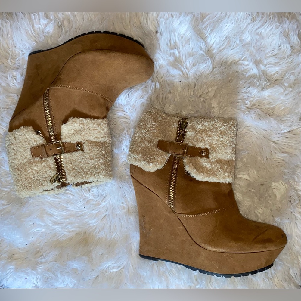 G by Guess Tan Suede Wedge Booties